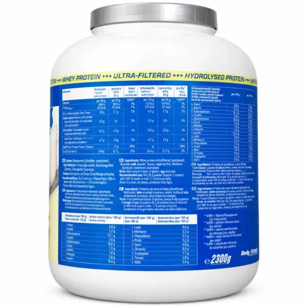 جدول ارزش غذایی و ترکیباتئین وی بادی اتک 100% Whe% Whey هیدرولیزه وانیلا کرم 2300 گرم