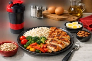 وعده غذایی شامل مرغ گریل‌شده، برنج و سبزیجات در کنار تخم‌مرغ، بادام و جو دوسر برای تغذیه دوره حجم 