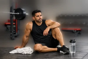 بدنساز در حال استراحت روی کف باشگاه کنار حوله و بطری آب 