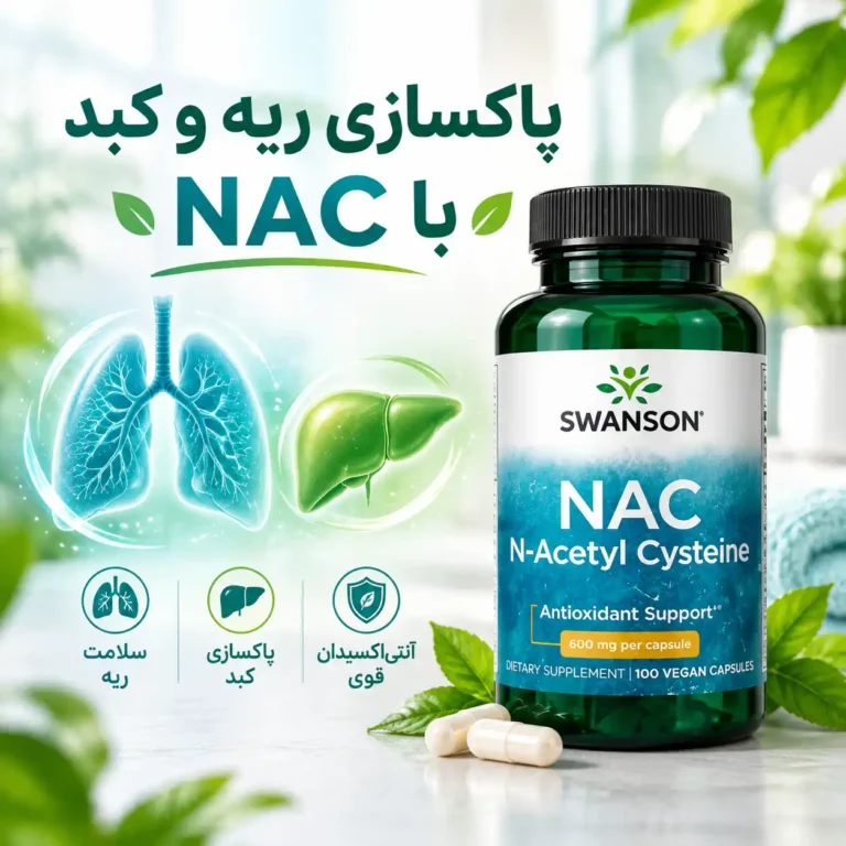 بنر NAC سوانسون ۶۰۰ میلی‌گرم ۱۰۰ کپسول وگان همراه با تصویر نمادین ریه و کبد