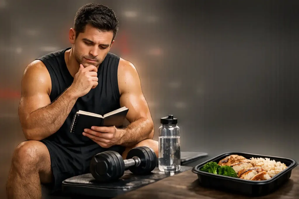 بدنساز در حال بررسی دفترچه تمرین کنار دمبل، بطری آب و وعده مرغ و برنج در باشگاه