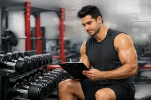 بدنساز در حال ثبت برنامه تمرینی برای پیگیری پیشرفت و افزایش حجم عضلات 
